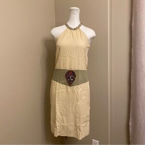 Made In Nepal cream coloured sleeveless dress/green button high neck closure. S